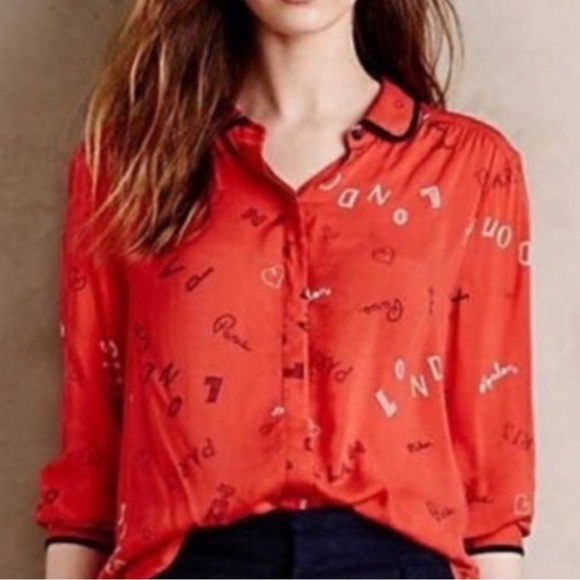 Anthropologie Paris London Milan red button up blouse size 0 - Picture 2 of 7